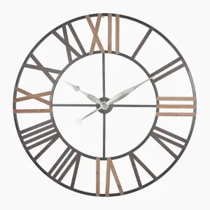 Antique Grey Metal and Wood Round Wall Clock