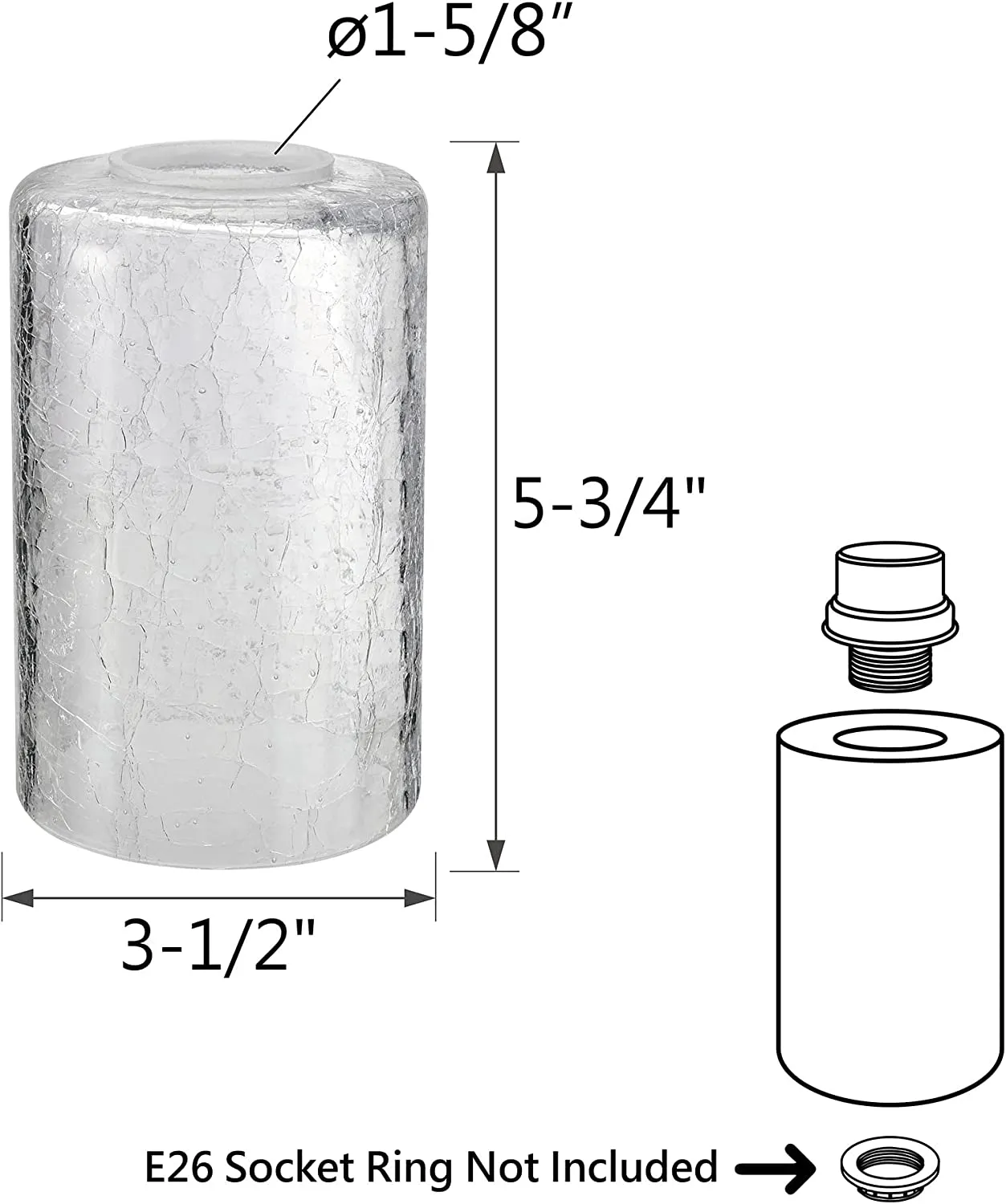 # 23614, Clear Cylinder Cracked Glass Shade.3-1/2"Dia x 5-3/4"H / Center Hole: 42mm. Sold in 1 / 2 / 3 & 4 Pack.