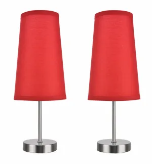 # 40084-2 2-Pack Set - 1 Light Candlestick Table Lamp, Contemporary Design in Satin Nickel Finish with Red Shade, 14 1/4" High