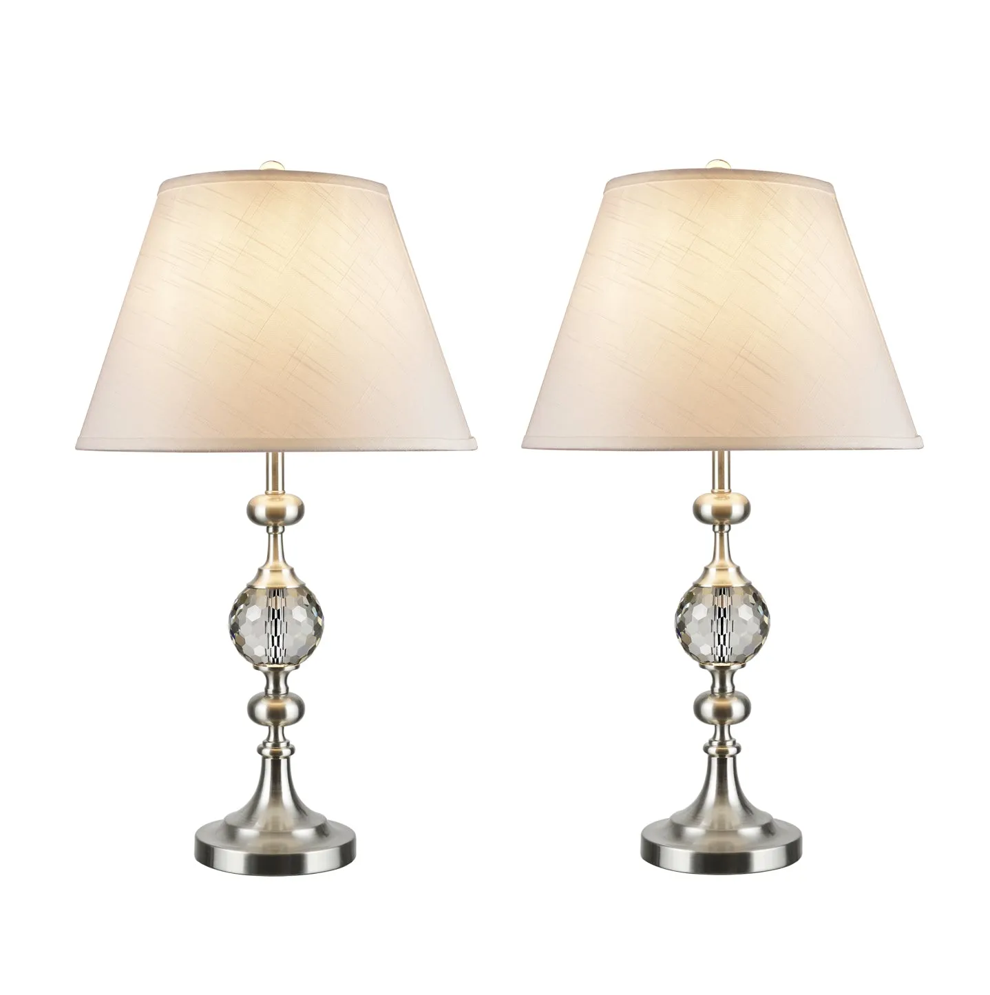 # 40134-02, Two Pack Set - 28 1/2" High Transitional Crystal & Metal Table Lamp, Satin Nickel Finish with Hardback Empire Shaped Lamp Shade in White, 16" Wide