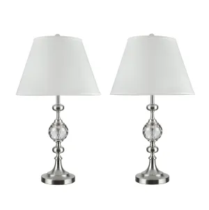 # 40134-02, Two Pack Set - 28 1/2" High Transitional Crystal & Metal Table Lamp, Satin Nickel Finish with Hardback Empire Shaped Lamp Shade in White, 16" Wide