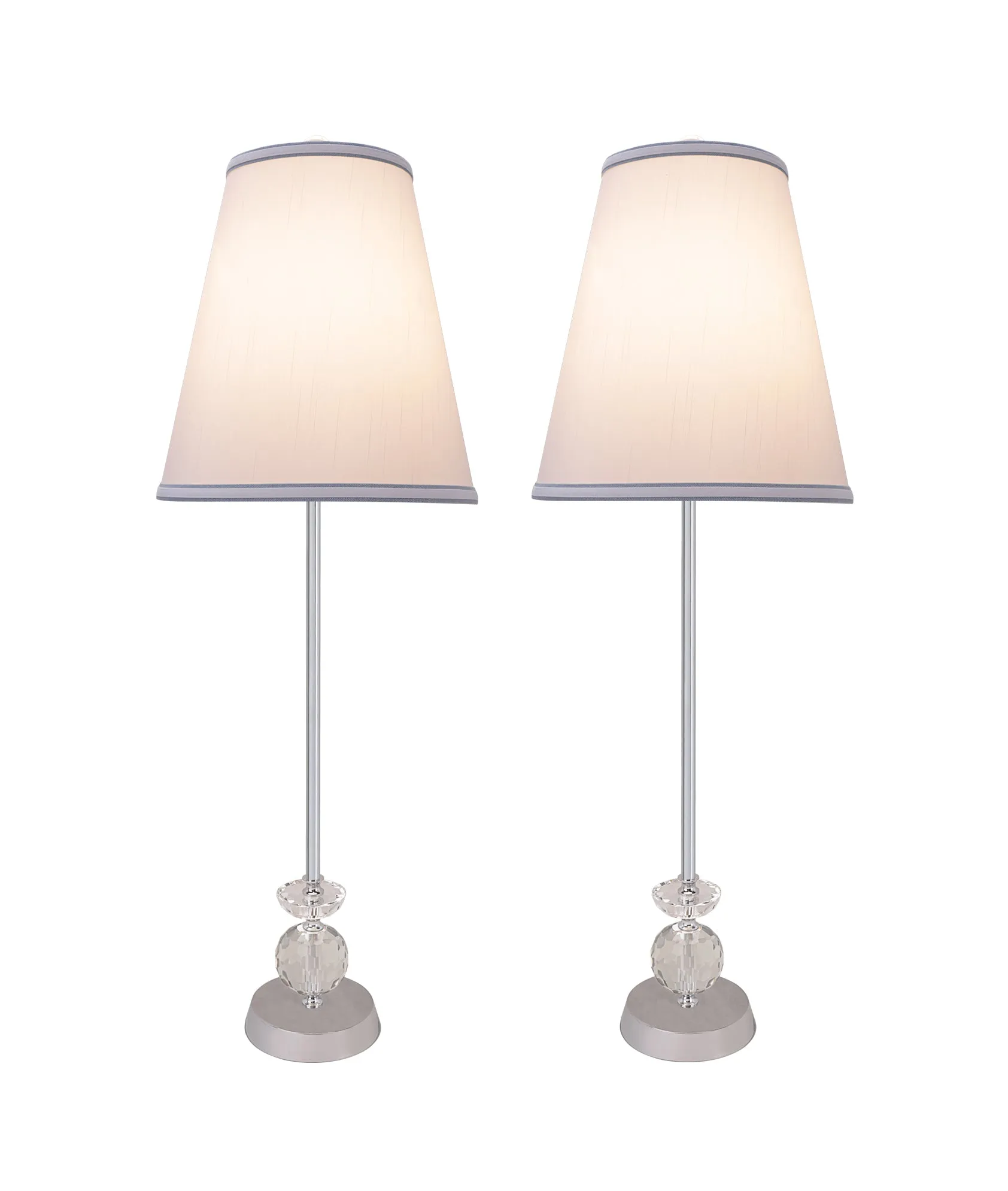 # 40152-12, Two Pack Set – 30" High Transitional Metal & Crystal Table Lamp, Chrome Finish and Hardback Empire Shaped Lamp Shade in White, 10" Wide