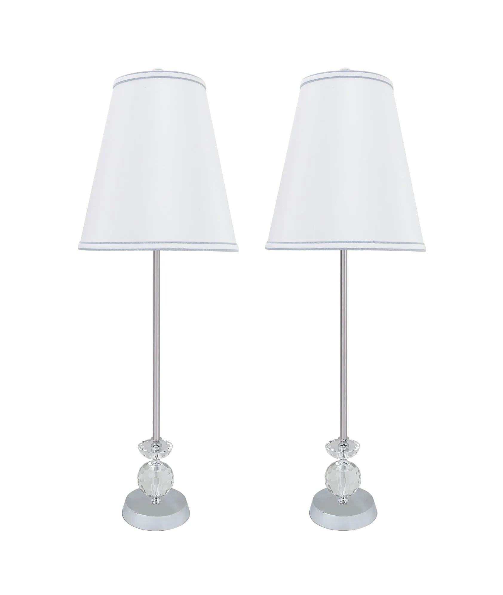 # 40152-12, Two Pack Set – 30" High Transitional Metal & Crystal Table Lamp, Chrome Finish and Hardback Empire Shaped Lamp Shade in White, 10" Wide