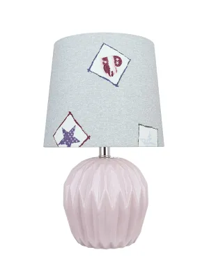 # 40183-11, 14-1/4" High Transitional Ceramic Table Lamp, Light Purple and Hardback Empire Shaped Lamp Shade in Light Blue, 8" Wide