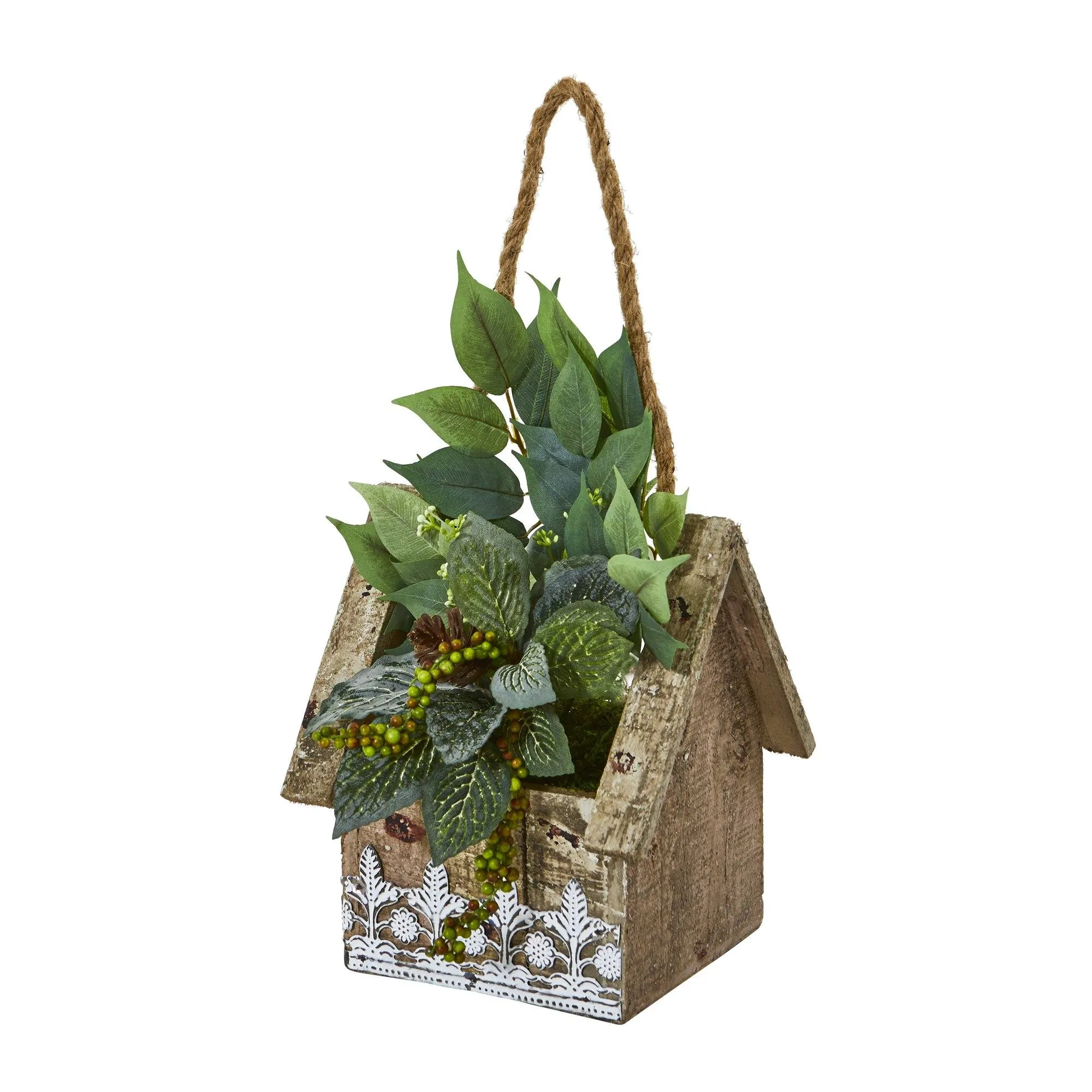 12” Mixed Ficus and Fittonia Artificial Plant in Hanging Floral Design House Planter