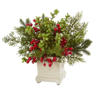 12" Artificial Holiday Berry and Pine Arrangement w/Vase - Low Maintenance, Life-Like & Vibrant Silk Flowers For Busy People.