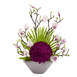 19” Mum, Magnolia and Fan Palm Artificial Arrangement in Vase