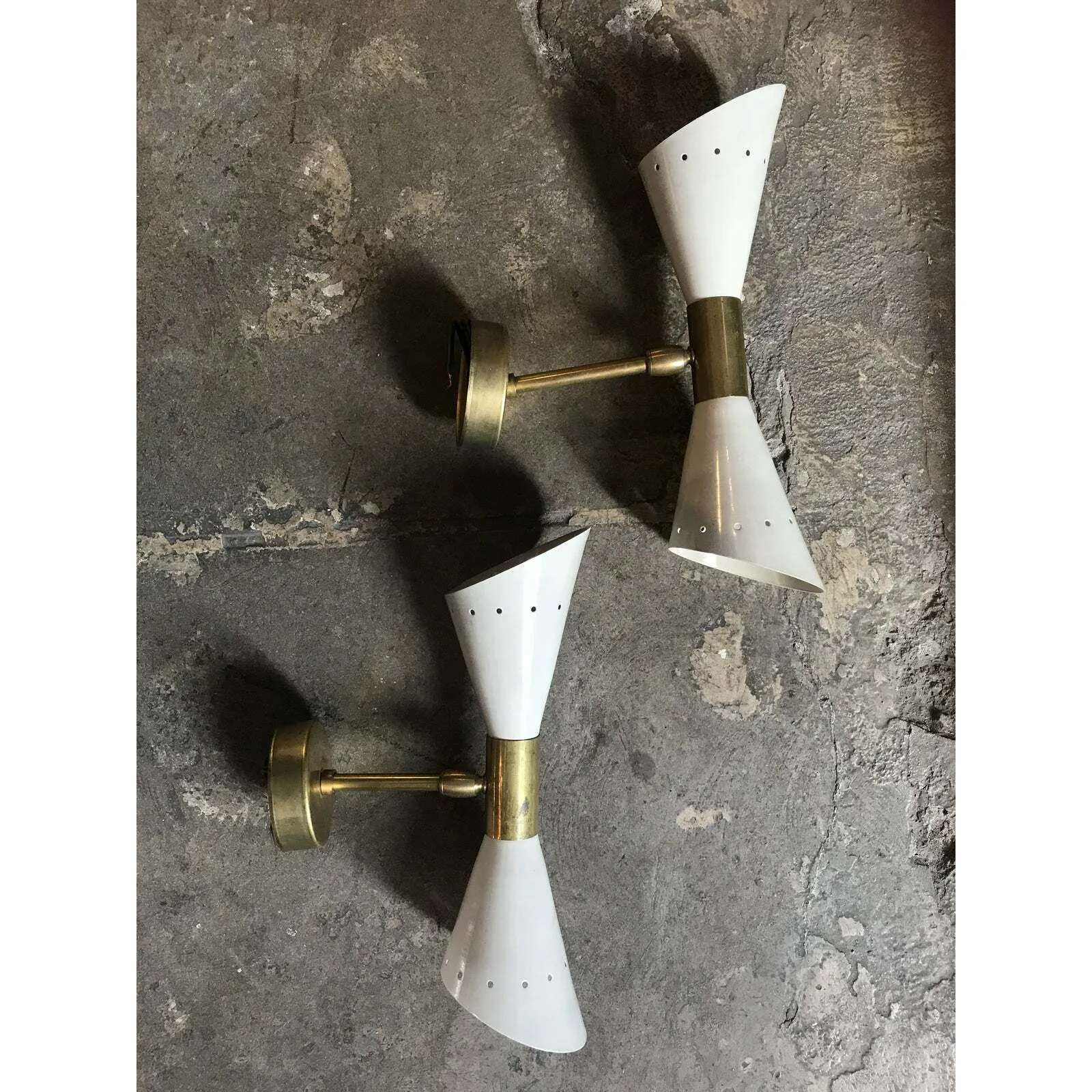 1960 's Italian Sconces in Brass Stilnovo Lamps Ceiling Wall Fixture Light White