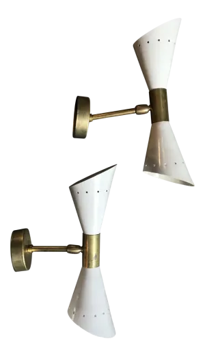 1960 's Italian Sconces in Brass Stilnovo Lamps Ceiling Wall Fixture Light White