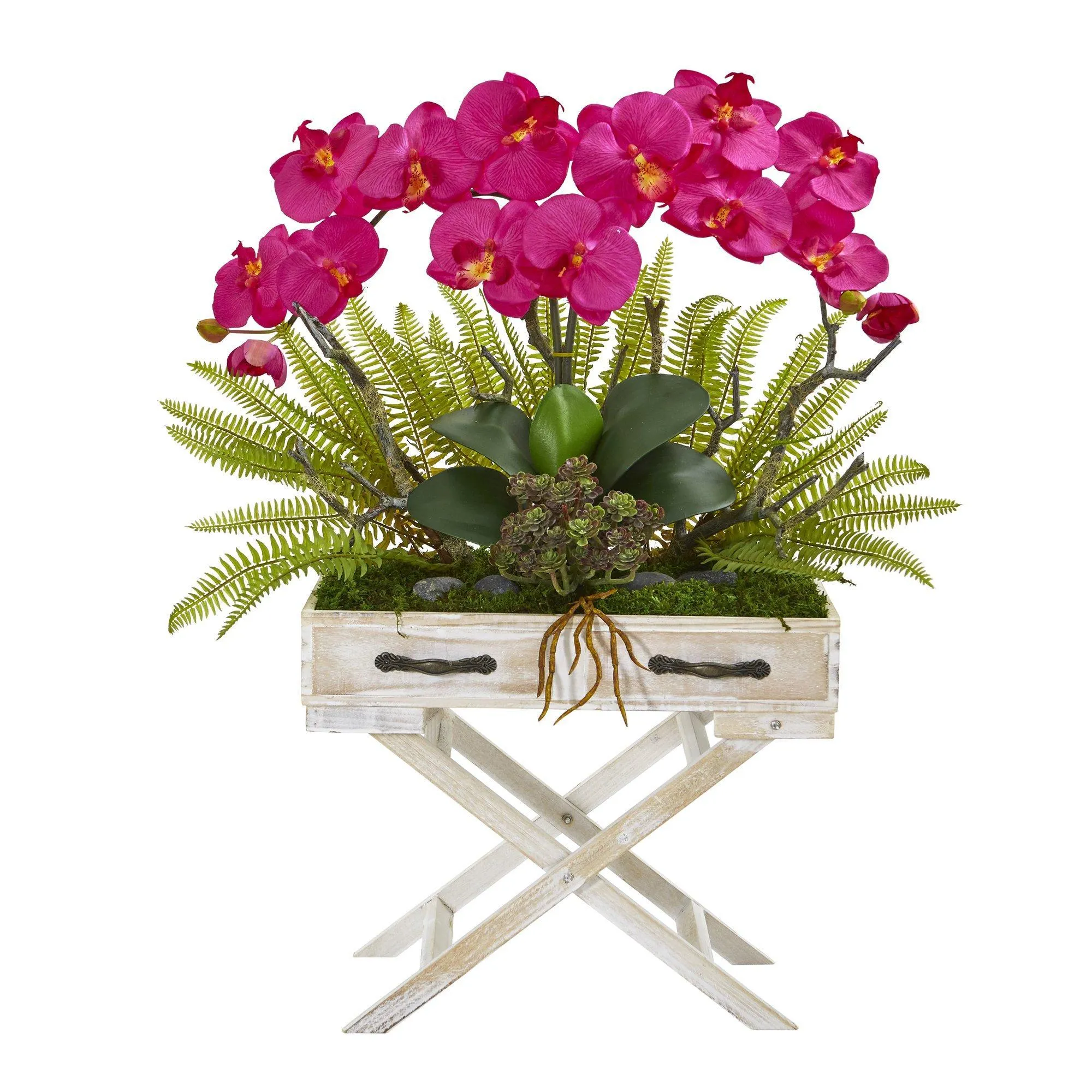 26” Orchid, Fern and Succulent Arrangement in Drawer Planter