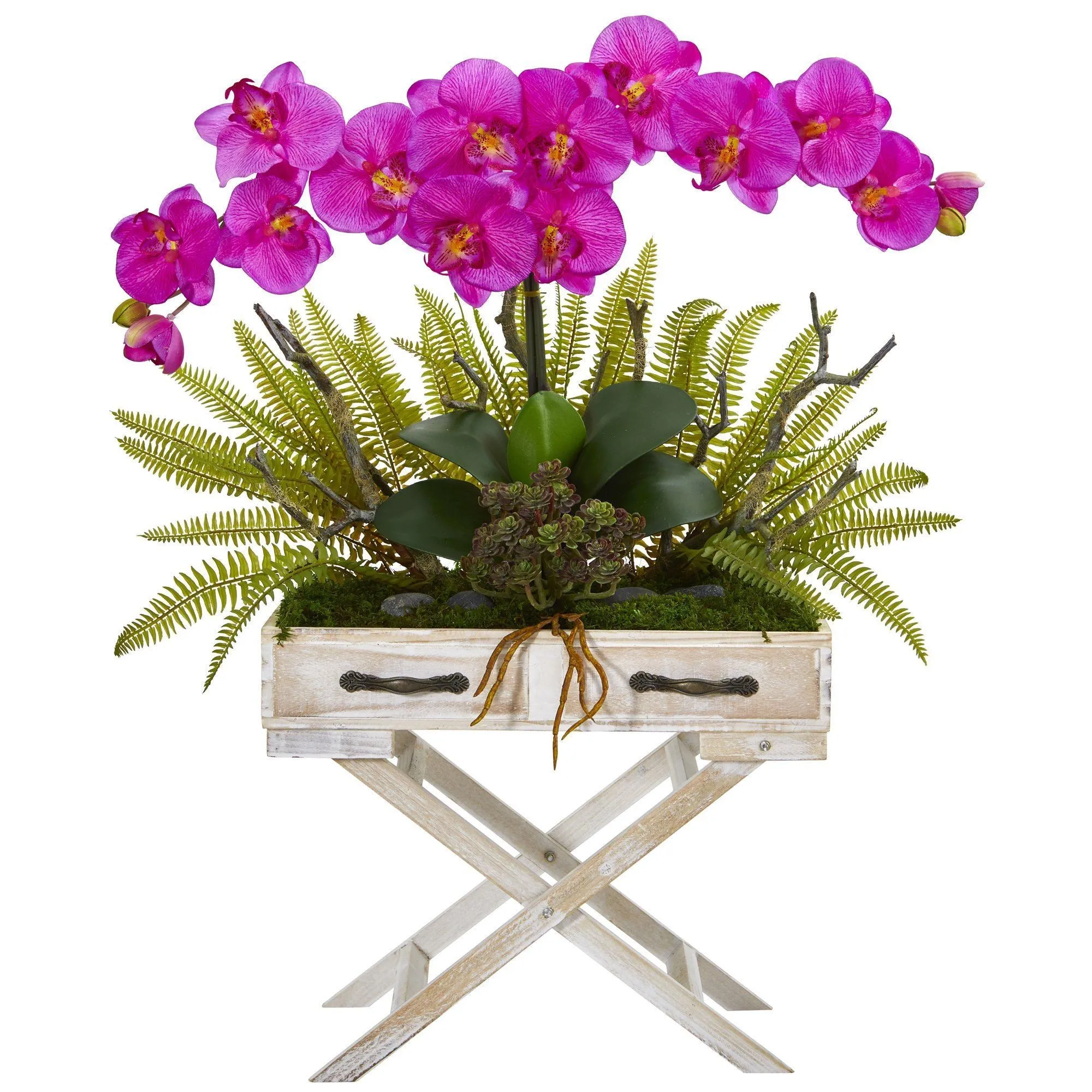 26” Orchid, Fern and Succulent Arrangement in Drawer Planter