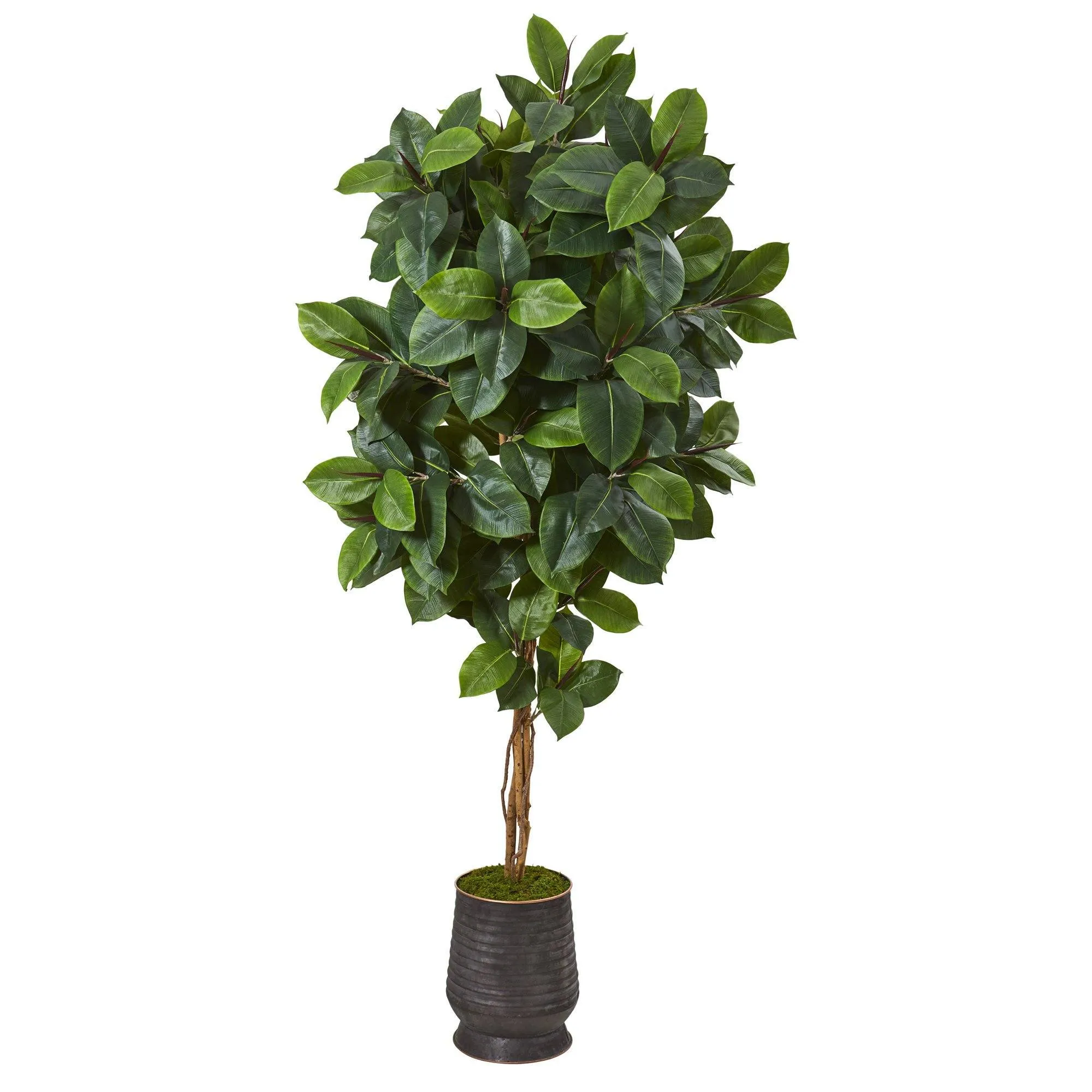 78” Rubber Leaf Artificial Tree in Ribbed Metal Planter