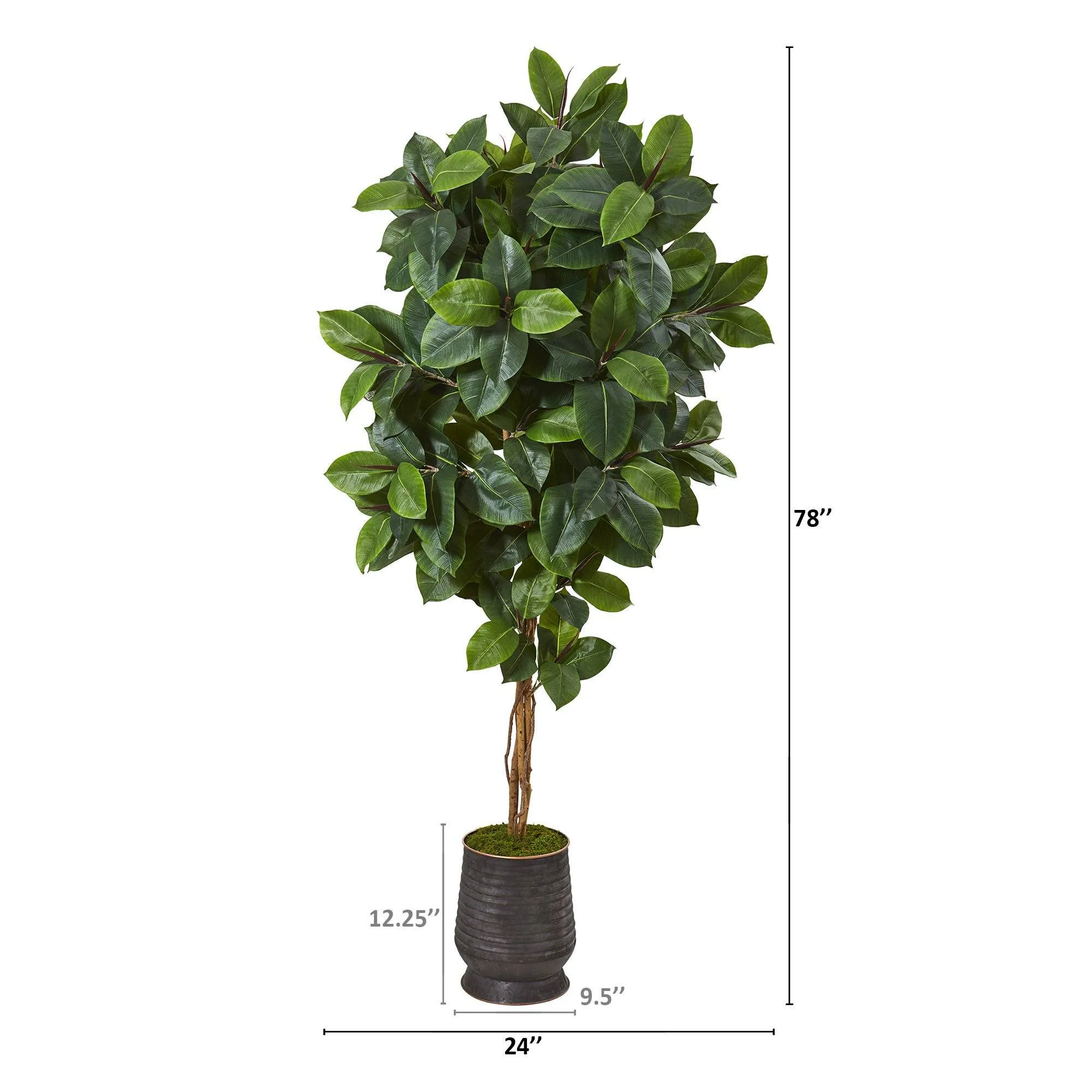 78” Rubber Leaf Artificial Tree in Ribbed Metal Planter