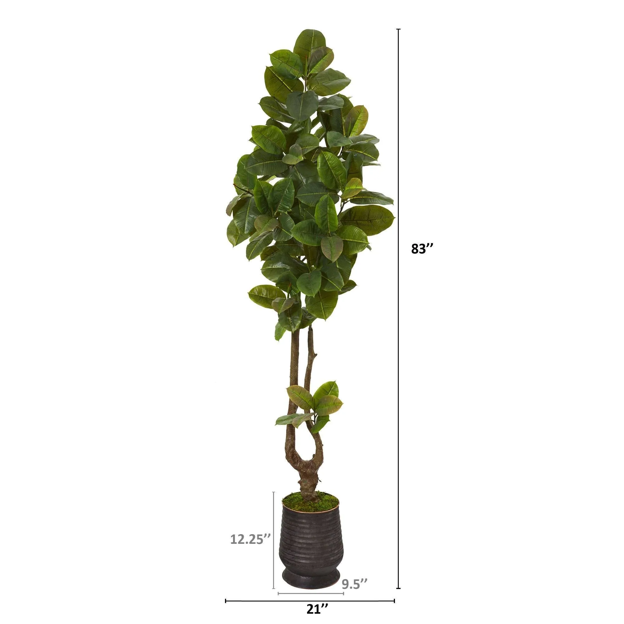 83” Rubber Leaf Artificial Tree in Ribbed Metal Planter (Real Touch)