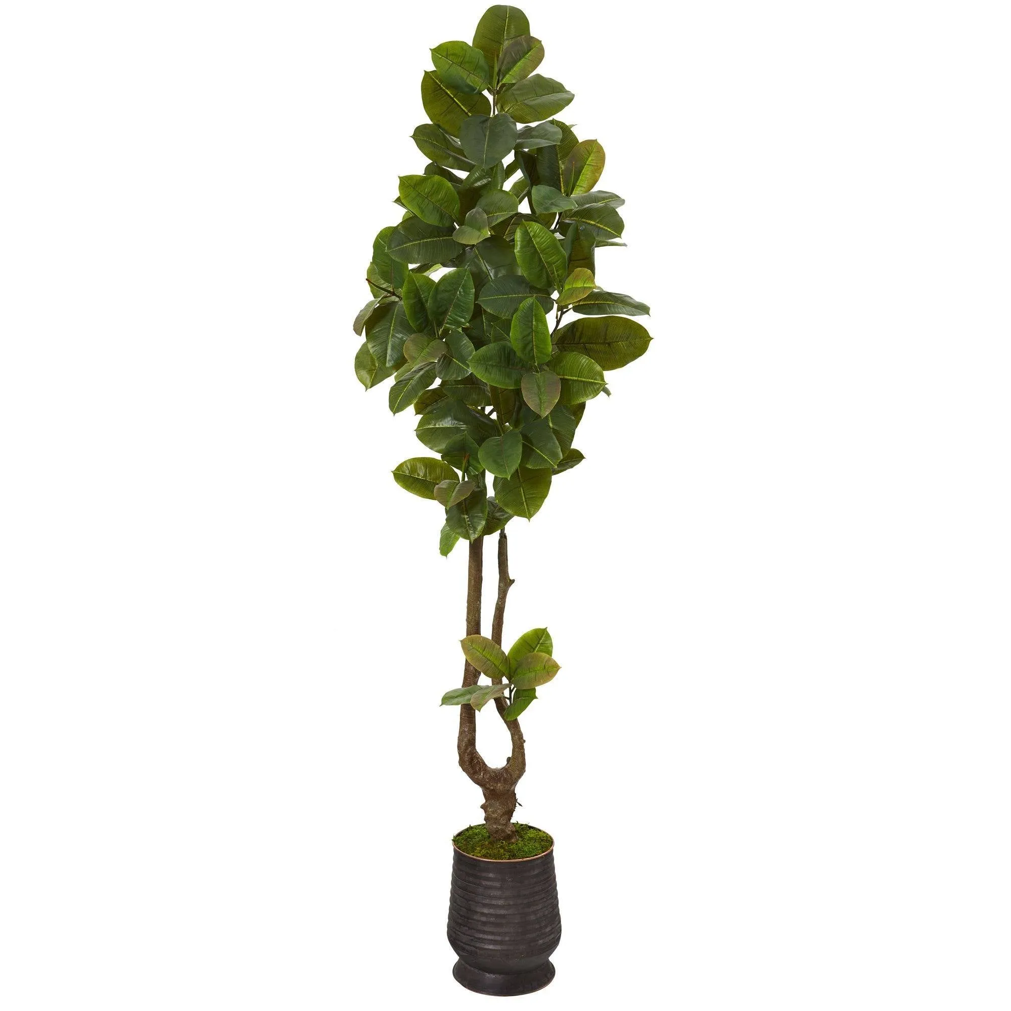 83” Rubber Leaf Artificial Tree in Ribbed Metal Planter (Real Touch)