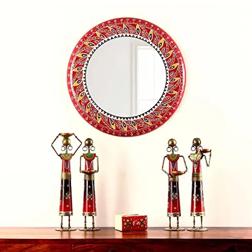 AB ART Wooden Handpainted Round Mirror/Rajasthani Decor Decorative Wall Art/Sculpture for Home Living Room/Bedroom/Office - 18 X 18 Inch