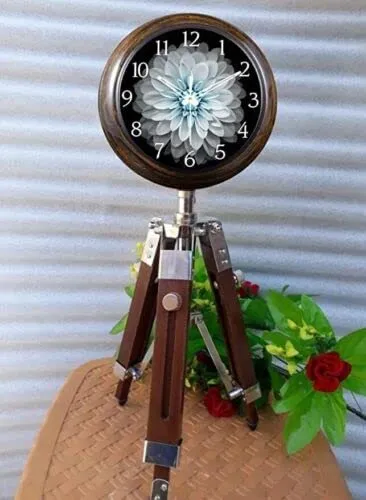 AHSKY Home Décor Solid Wooden Table Clock with Tripod Stand Round Shape Numeric Number Antique Design Table Clock for Office, Hotel, Hallway Dining & Living Room