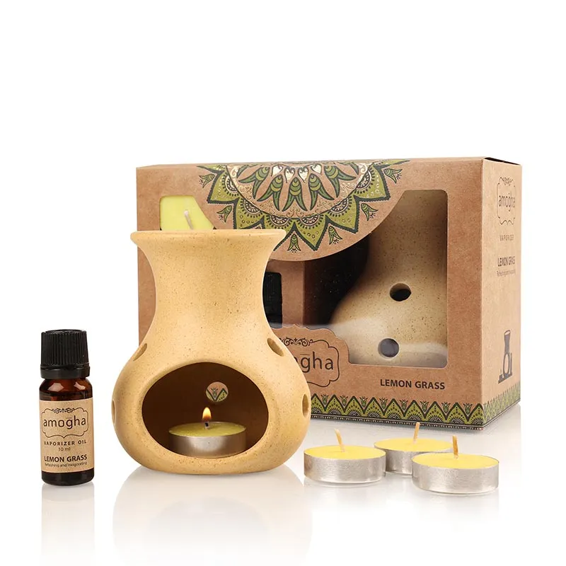 Amogha Fragrance Vaporizer With 4 Tealights and 10ml Oil | Multiple Fragnance  | Single | 8 x 5 x 5 inches