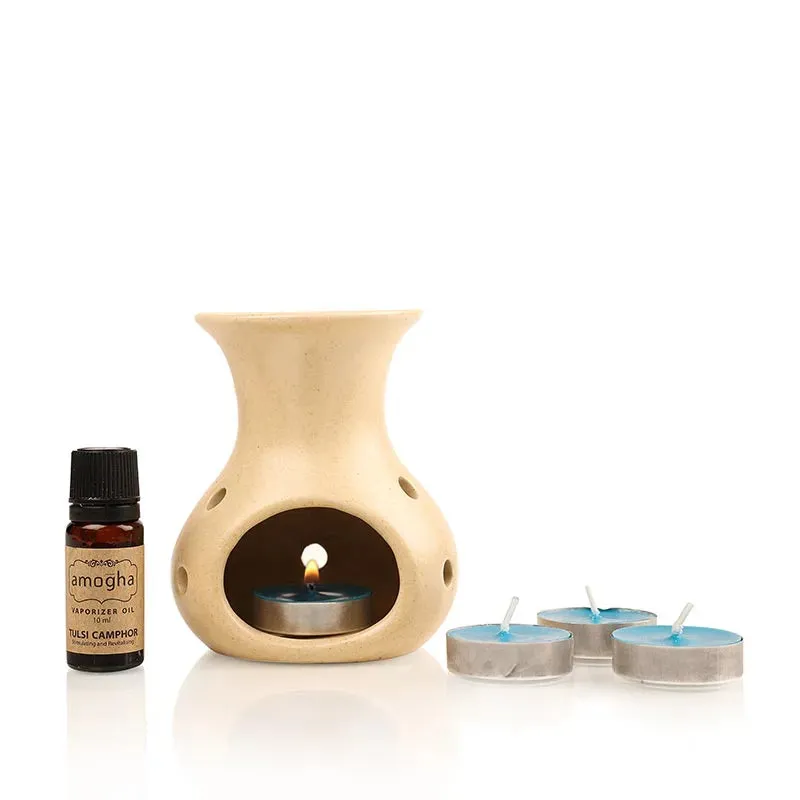 Amogha Fragrance Vaporizer With 4 Tealights and 10ml Oil | Multiple Fragnance  | Single | 8 x 5 x 5 inches