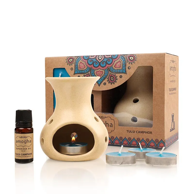 Amogha Fragrance Vaporizer With 4 Tealights and 10ml Oil | Multiple Fragnance  | Single | 8 x 5 x 5 inches