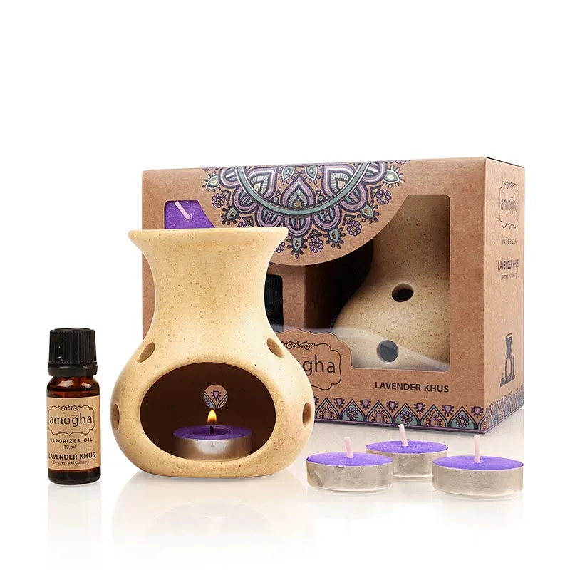 Amogha Fragrance Vaporizer With 4 Tealights and 10ml Oil | Multiple Fragnance  | Single | 8 x 5 x 5 inches