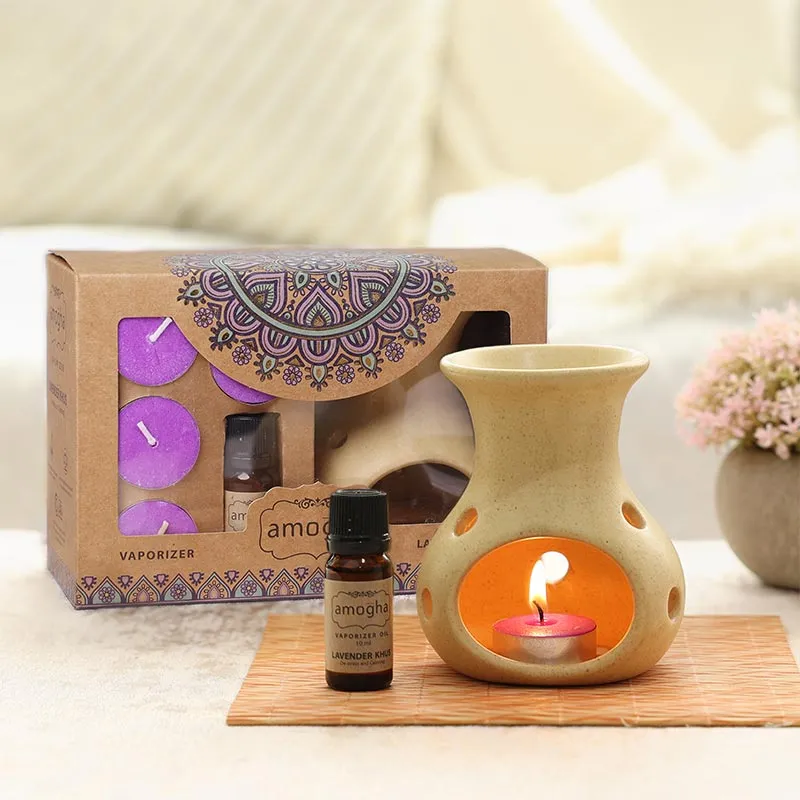 Amogha Fragrance Vaporizer With 4 Tealights and 10ml Oil | Multiple Fragnance  | Single | 8 x 5 x 5 inches