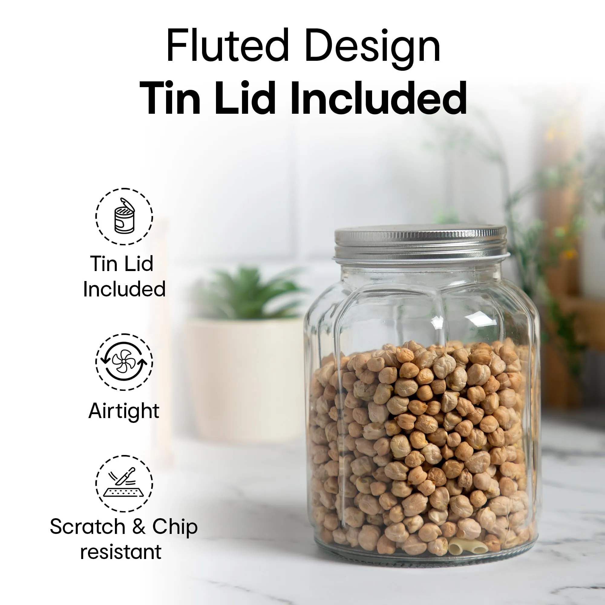 Anko 1L Fluted Jar | Ideal For Dry Fruits, Snacks & Grains | Food Storage| Kitchen Container| Rounded Glass Jar With Wide Mouth Lid|BPA Free| Fluted Design|15.7cm (H) X 11.6cm (Dia.)| Clear | Set Of 2