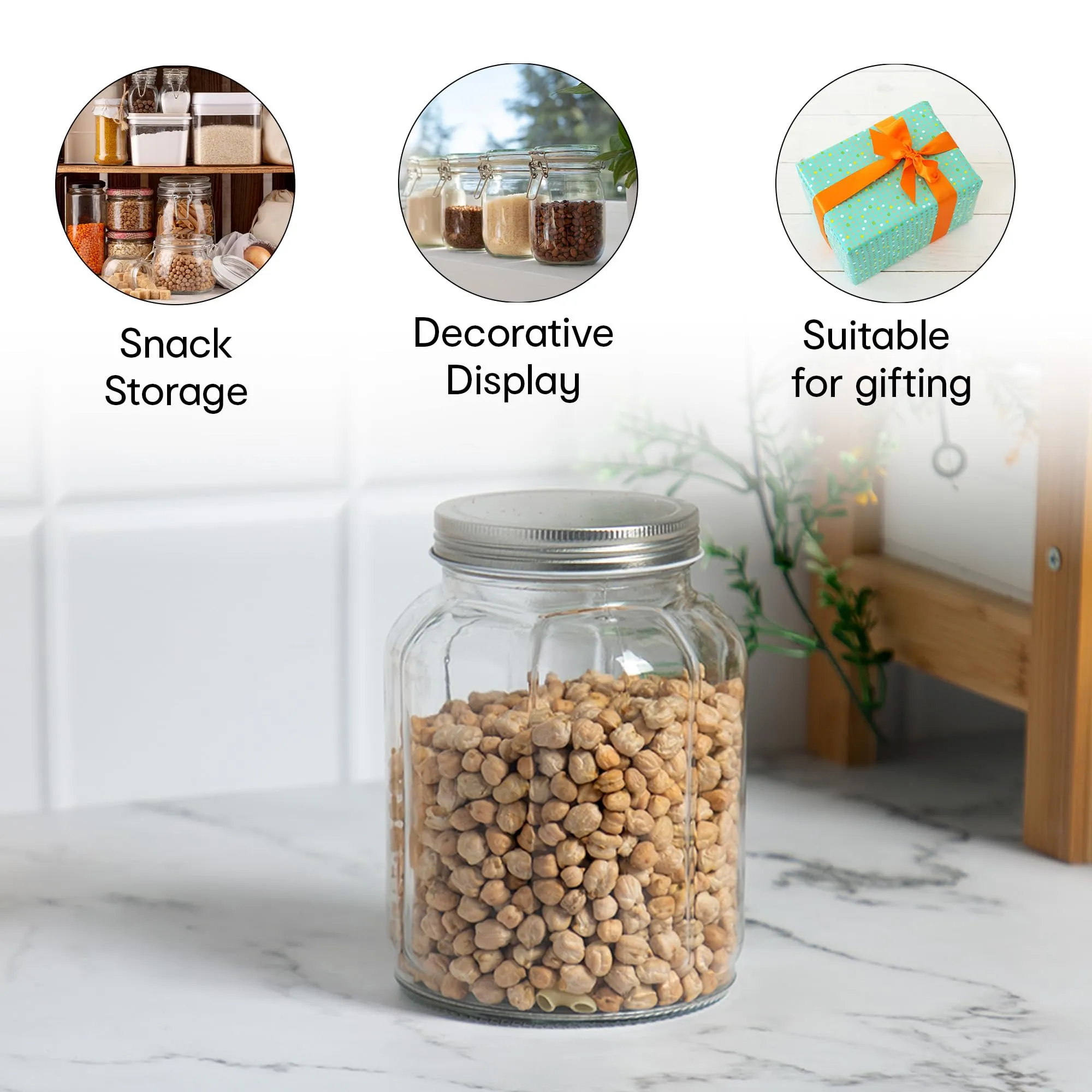 Anko 1L Fluted Jar | Ideal For Dry Fruits, Snacks & Grains | Food Storage| Kitchen Container| Rounded Glass Jar With Wide Mouth Lid|BPA Free| Fluted Design|15.7cm (H) X 11.6cm (Dia.)| Clear | Set Of 2