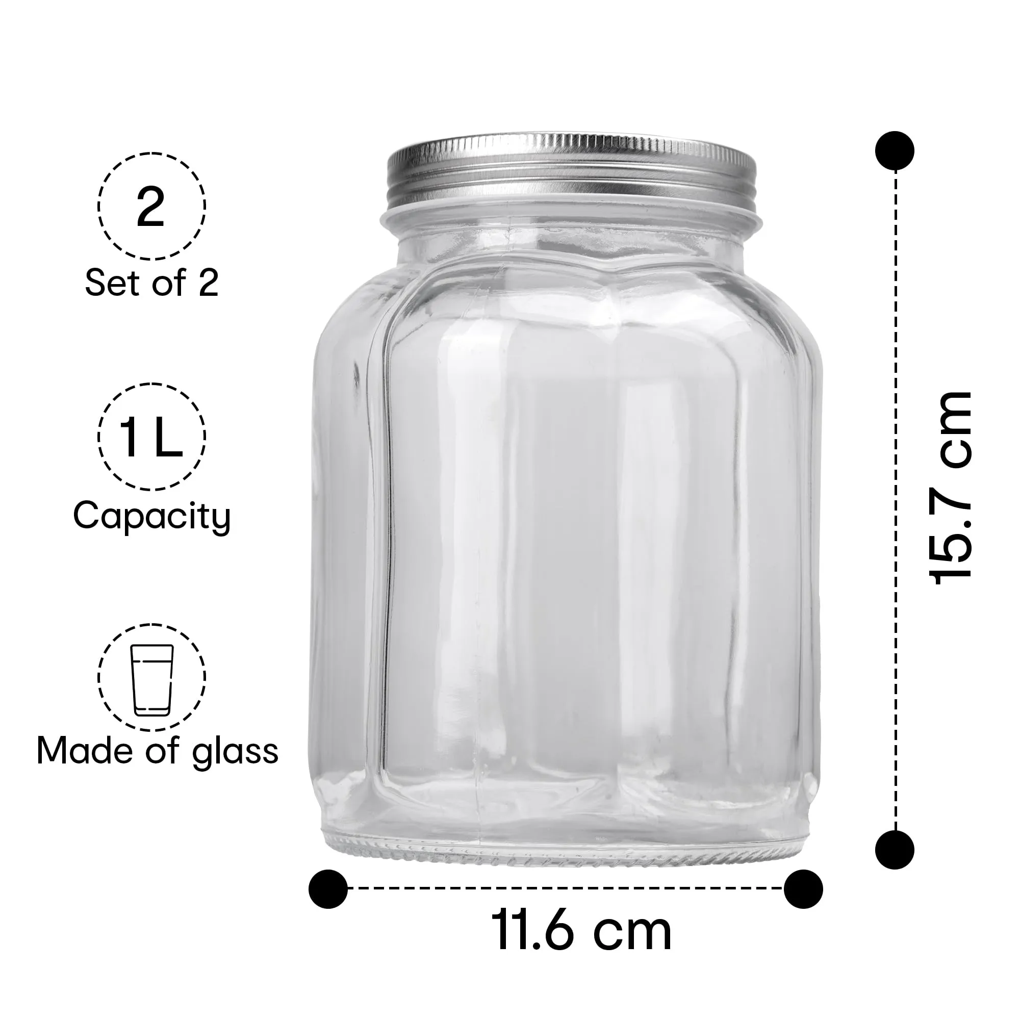 Anko 1L Fluted Jar | Ideal For Dry Fruits, Snacks & Grains | Food Storage| Kitchen Container| Rounded Glass Jar With Wide Mouth Lid|BPA Free| Fluted Design|15.7cm (H) X 11.6cm (Dia.)| Clear | Set Of 2