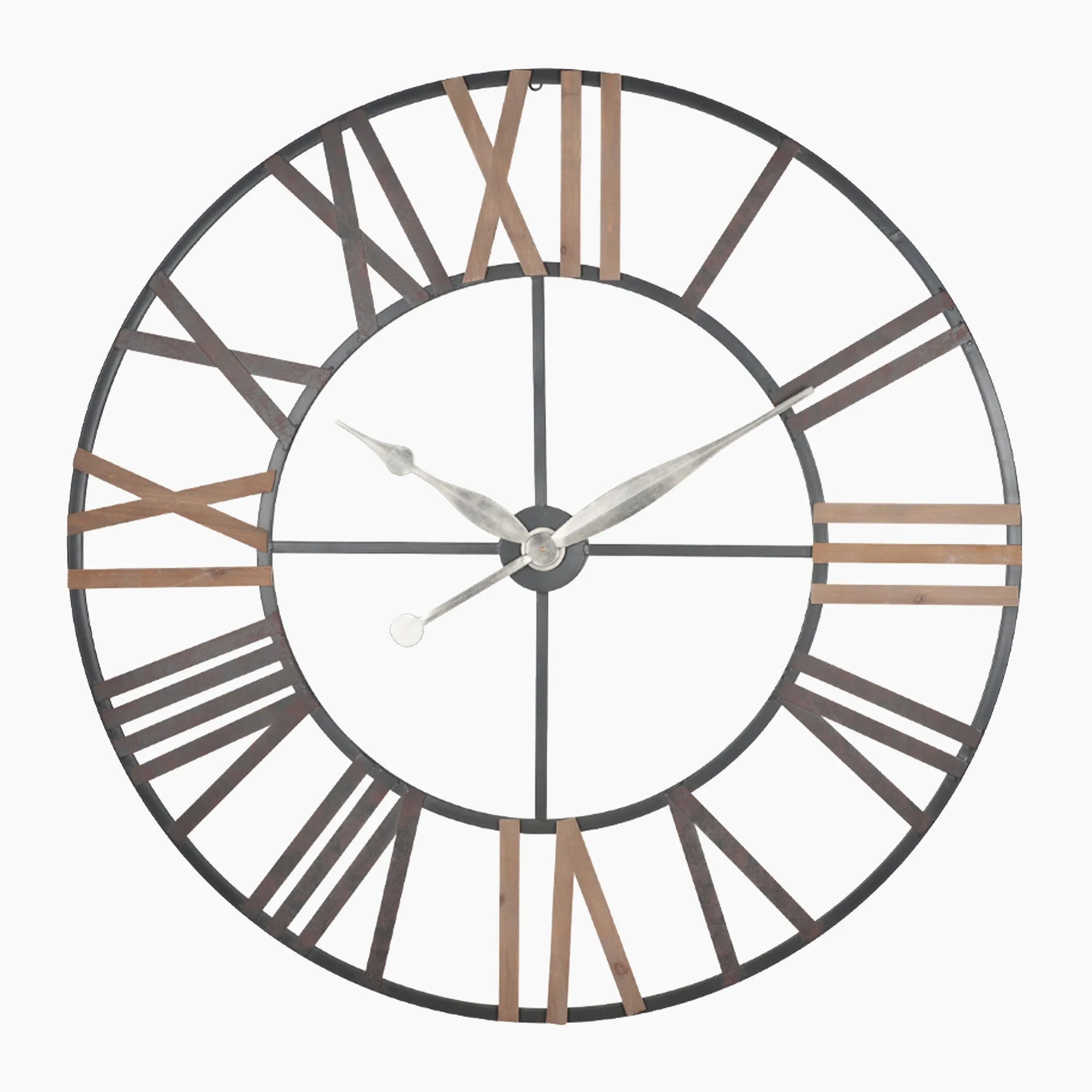 Antique Grey Metal and Wood Round Wall Clock