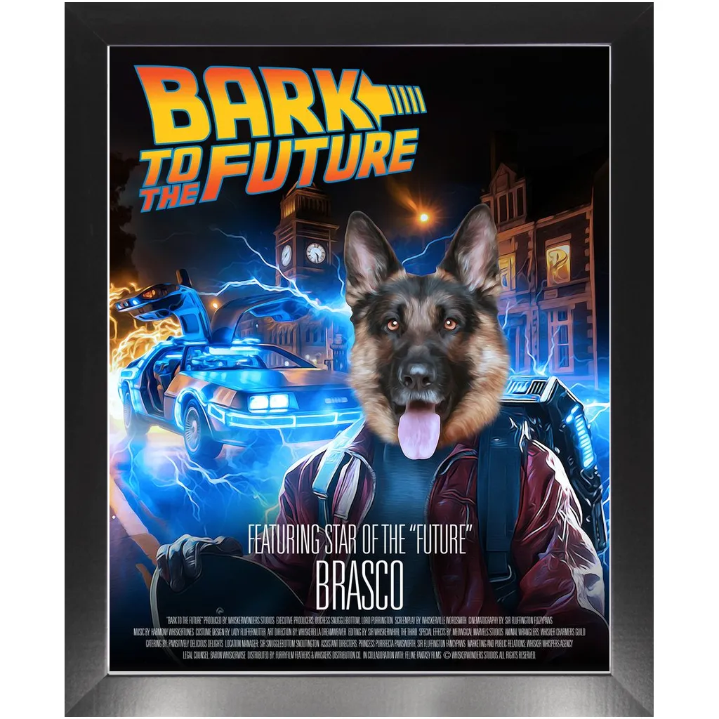 BARK TO THE FUTURE Movie Poster - Scarface Inspired Custom Pet Portrait Framed Satin Paper Print