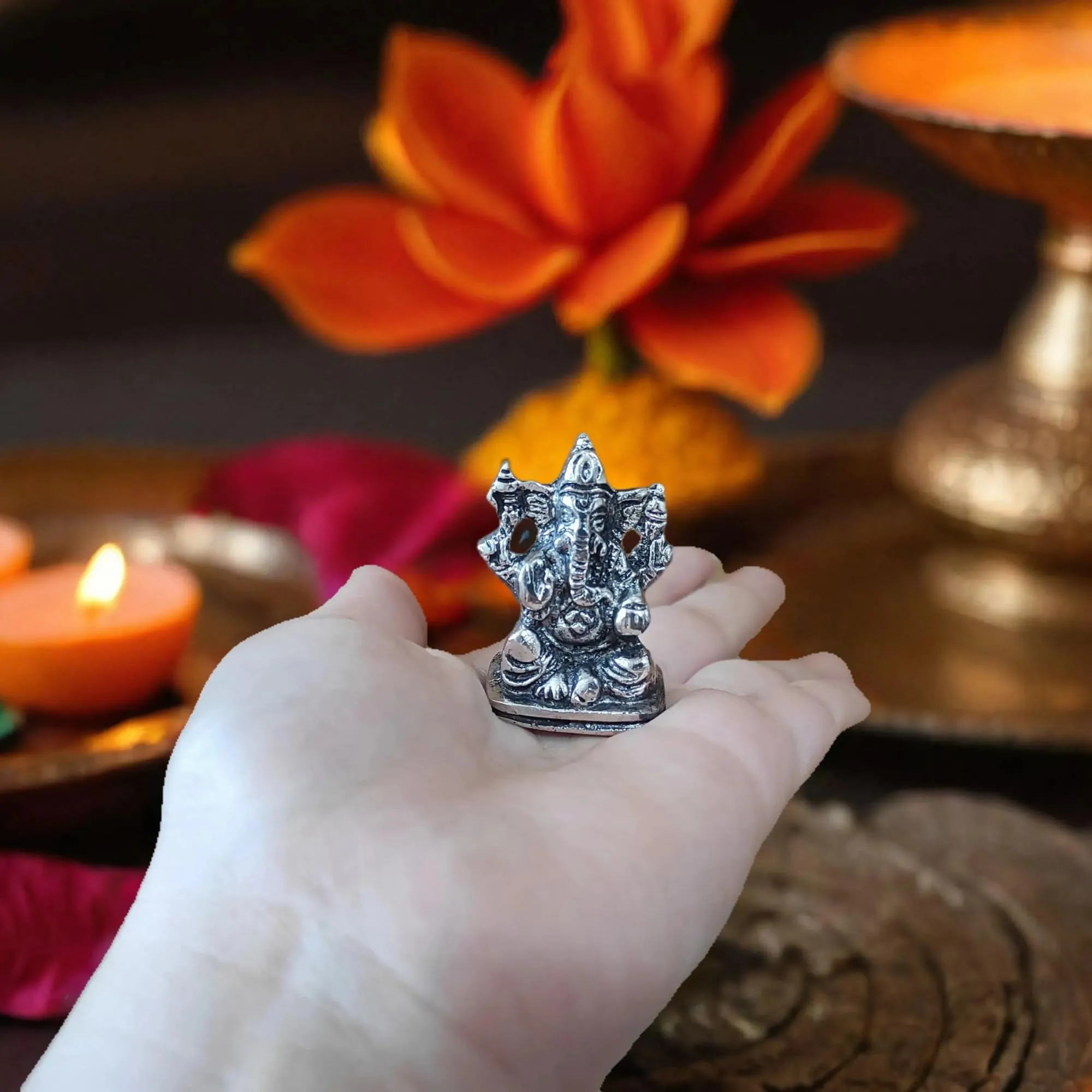 Bhumatha Metal Ganesh Idol for Diwali Decoration Item - Ganesha for Car Dashboard Small Ganpati Statue Figurine Murti for Home Office, Tabledesk Diwali Gift Items (Silver 5 CM Height) (Set of 1)