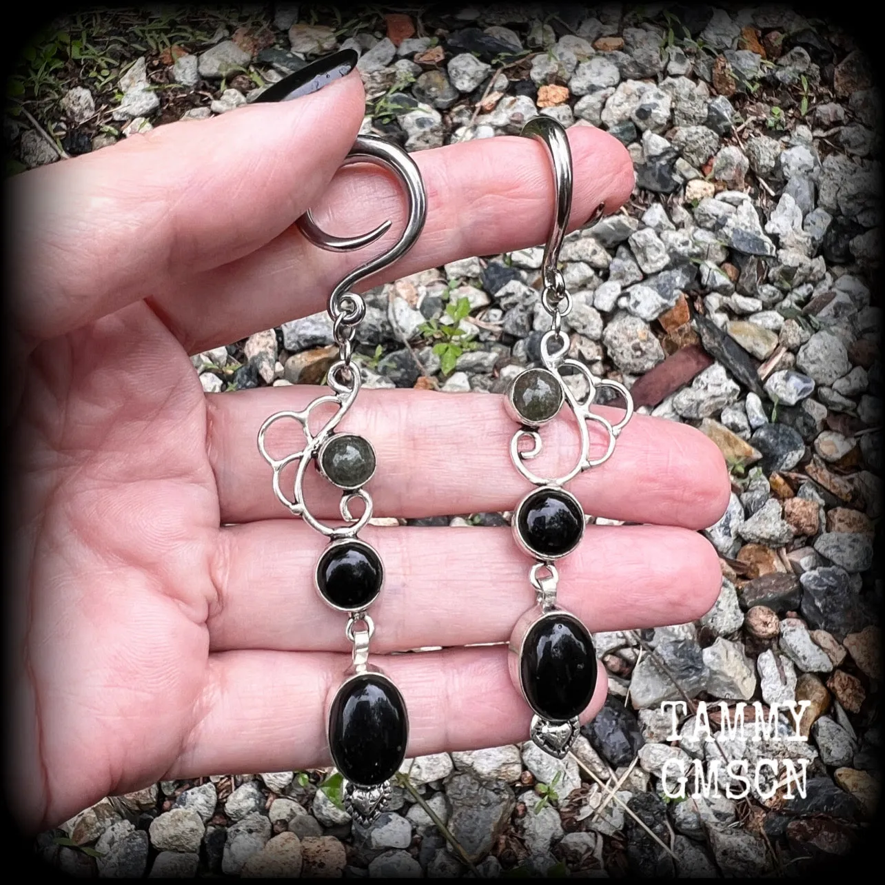 Black onyx and green jasper gauged earrings-Gemstone ear gauges