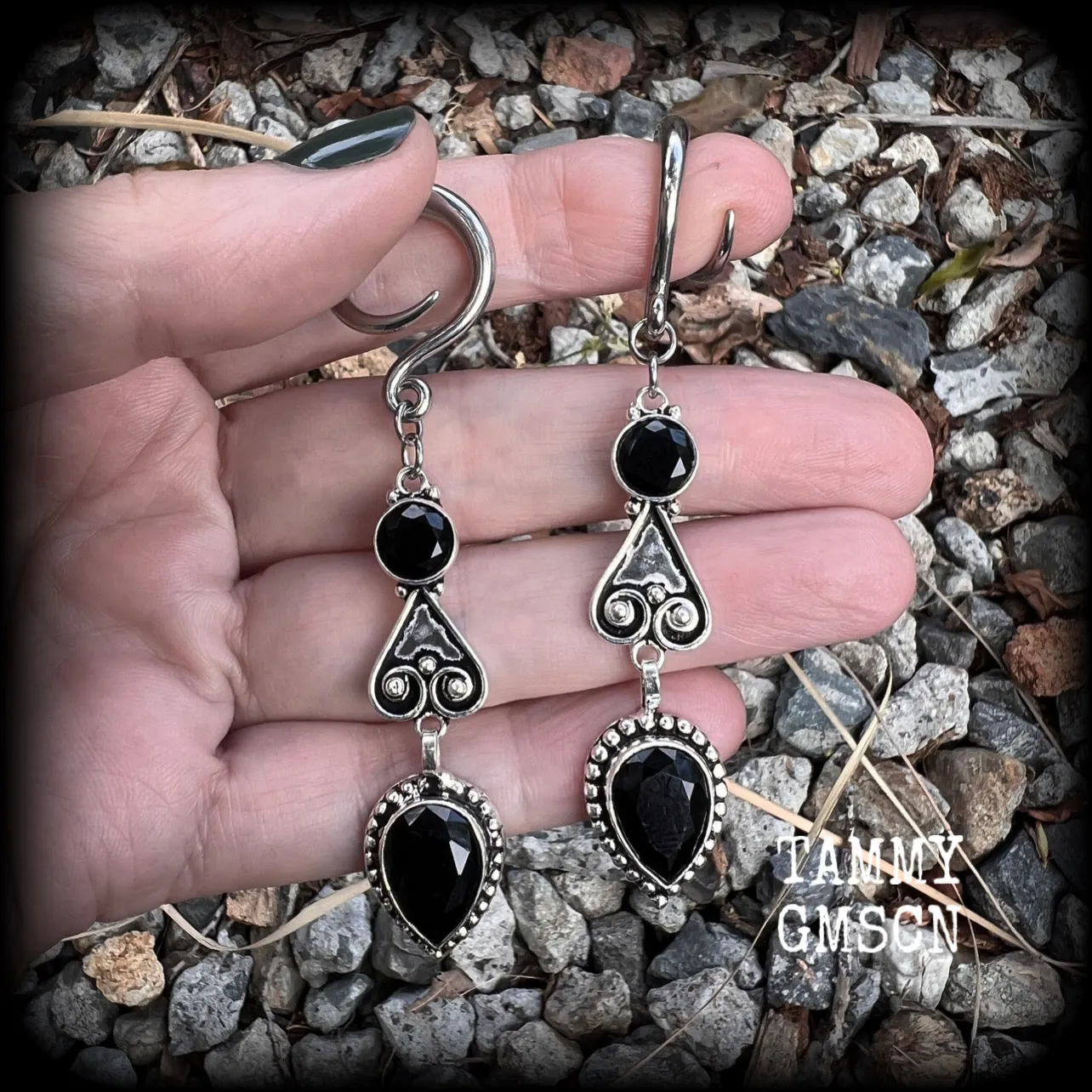 Black onyx gauged earrings-Gemstone ear gauges