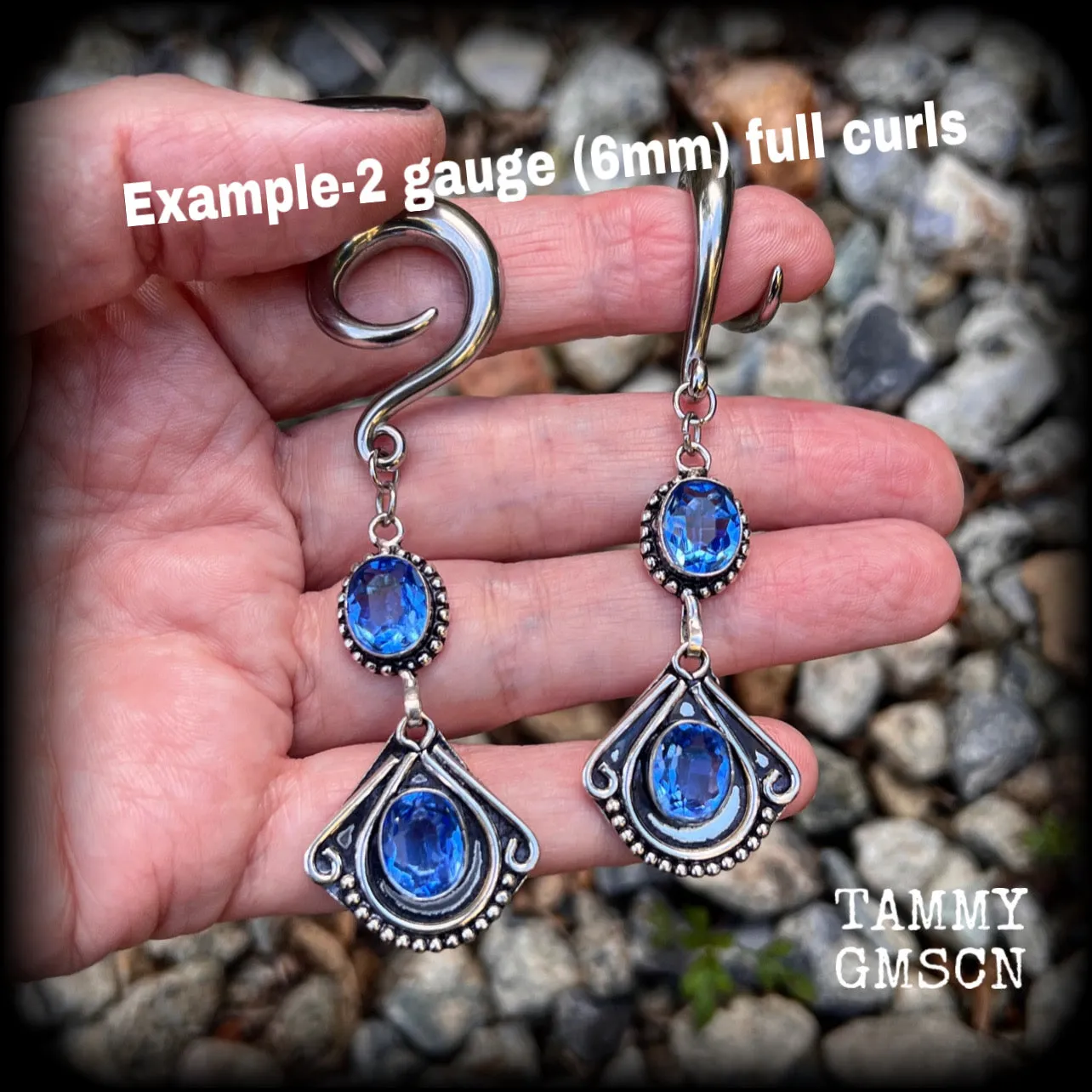 Blue topaz boho gauged earrings-Gemstone ear hangers