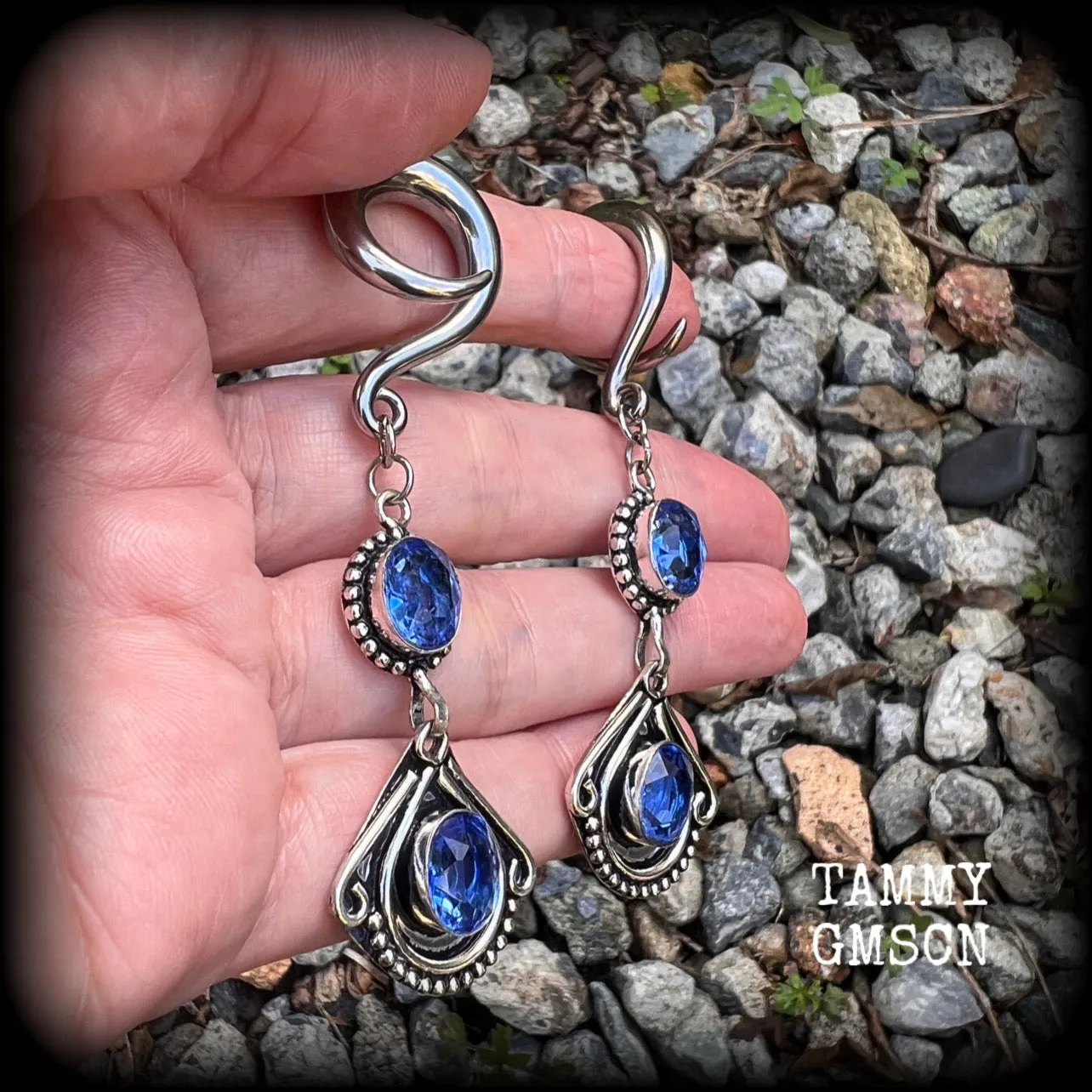 Blue topaz boho gauged earrings-Gemstone ear hangers