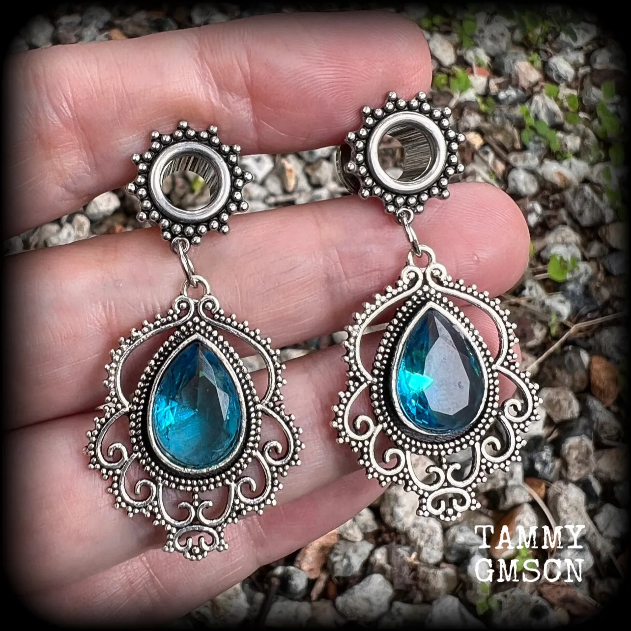 Blue topaz boho tunnel earrings-Gemstone ear gauges-Boho tunnels