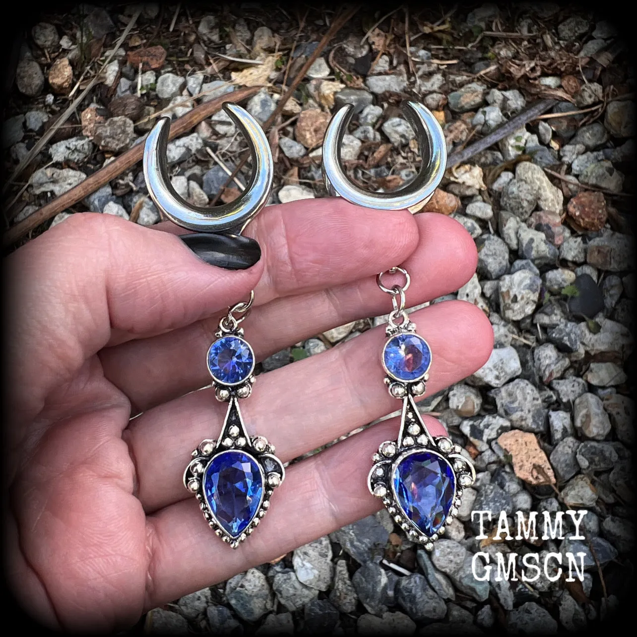 Blue topaz gauged earrings-Gemstone ear hangers