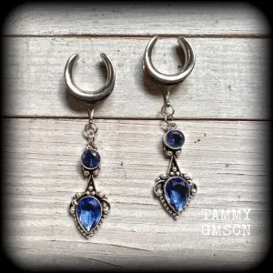 Blue topaz gauged earrings-Gemstone ear hangers