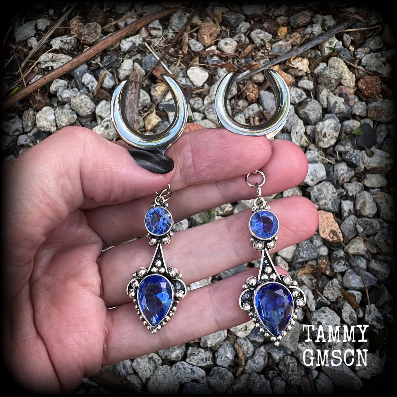 Blue topaz gauged earrings-Gemstone ear hangers