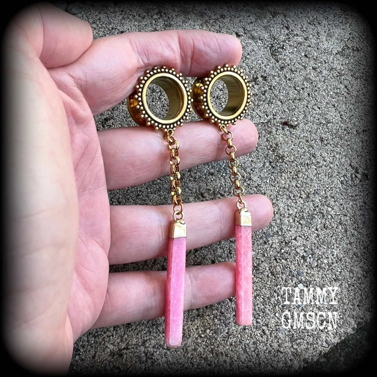 Cherry quartz tunnel dangles-Boho gemstone tunnel earrings