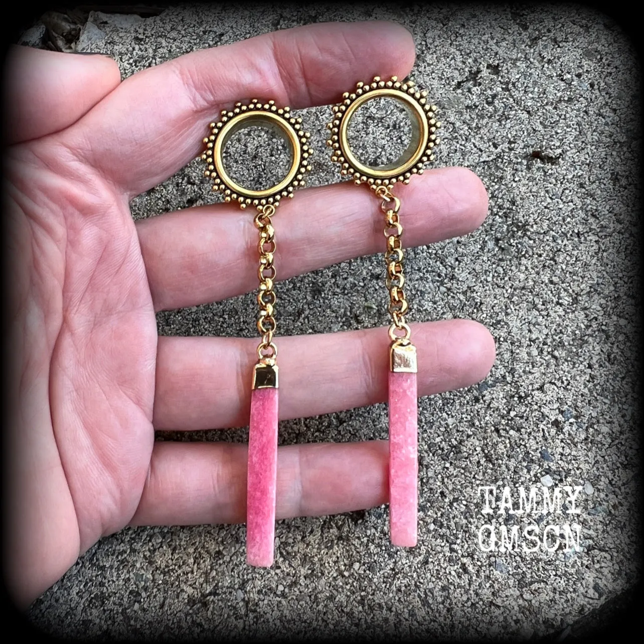 Cherry quartz tunnel dangles-Boho gemstone tunnel earrings