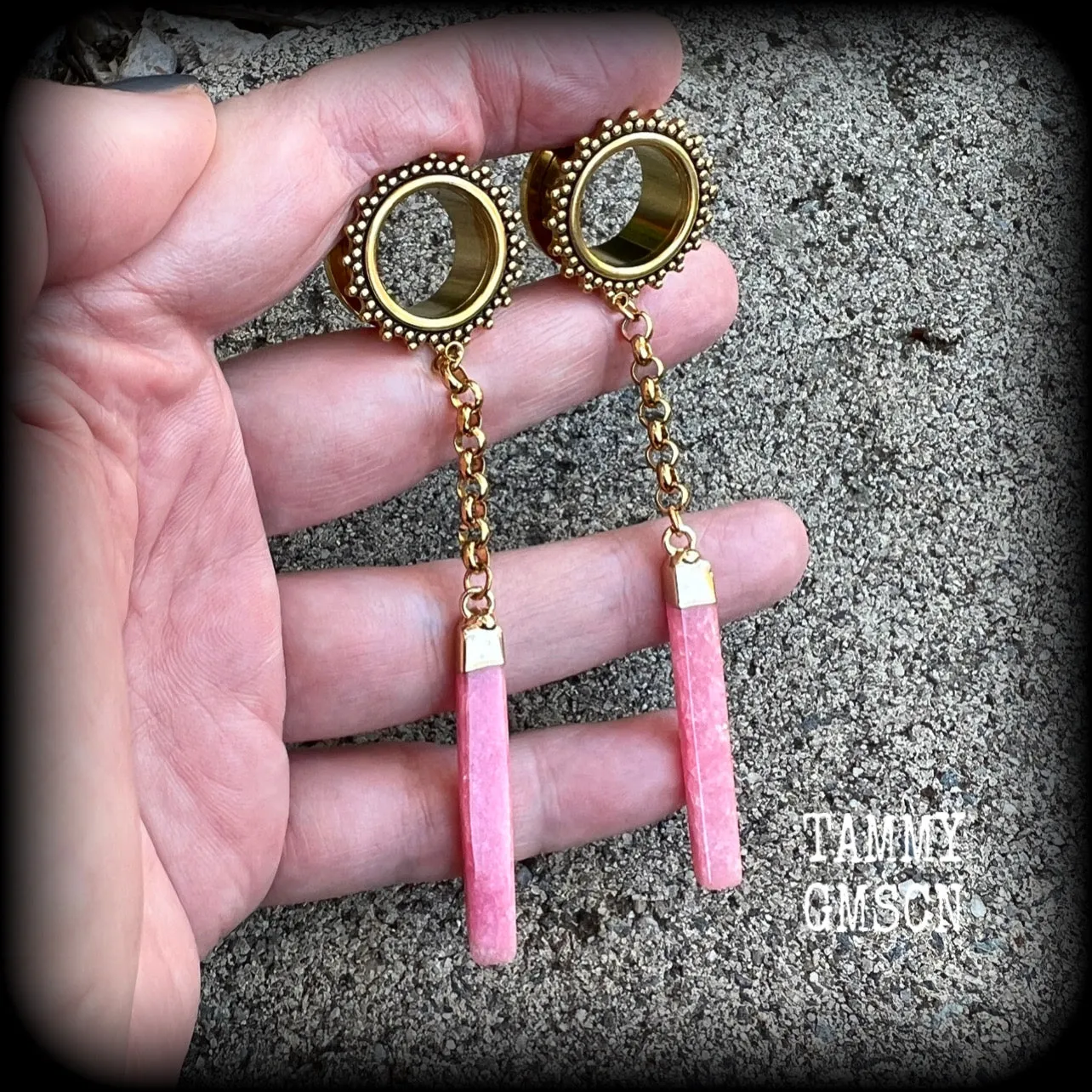 Cherry quartz tunnel dangles-Boho gemstone tunnel earrings