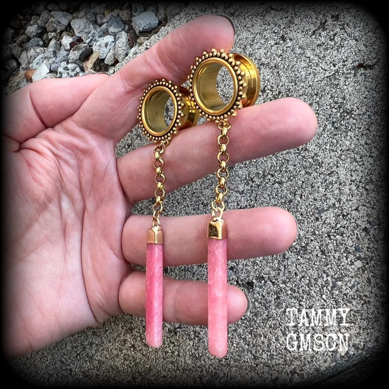 Cherry quartz tunnel dangles-Boho gemstone tunnel earrings