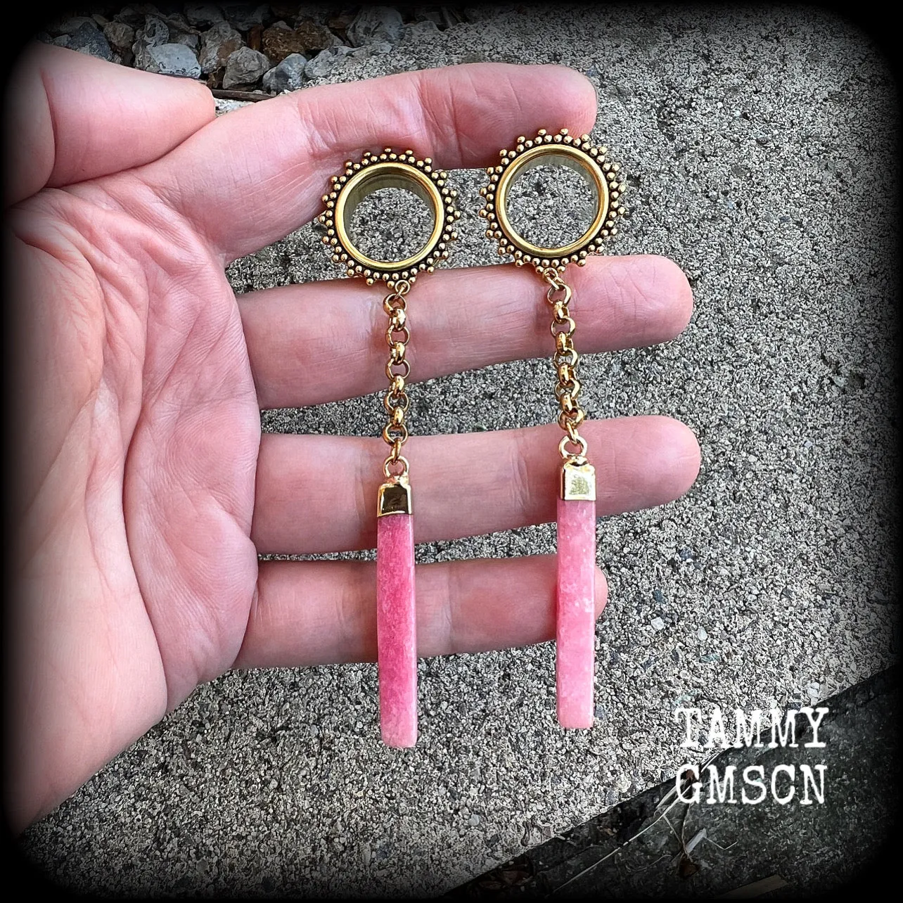 Cherry quartz tunnel dangles-Boho gemstone tunnel earrings