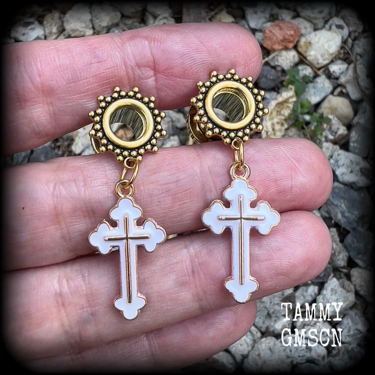 Christian cross tunnel earrings-Boho ear tunnels