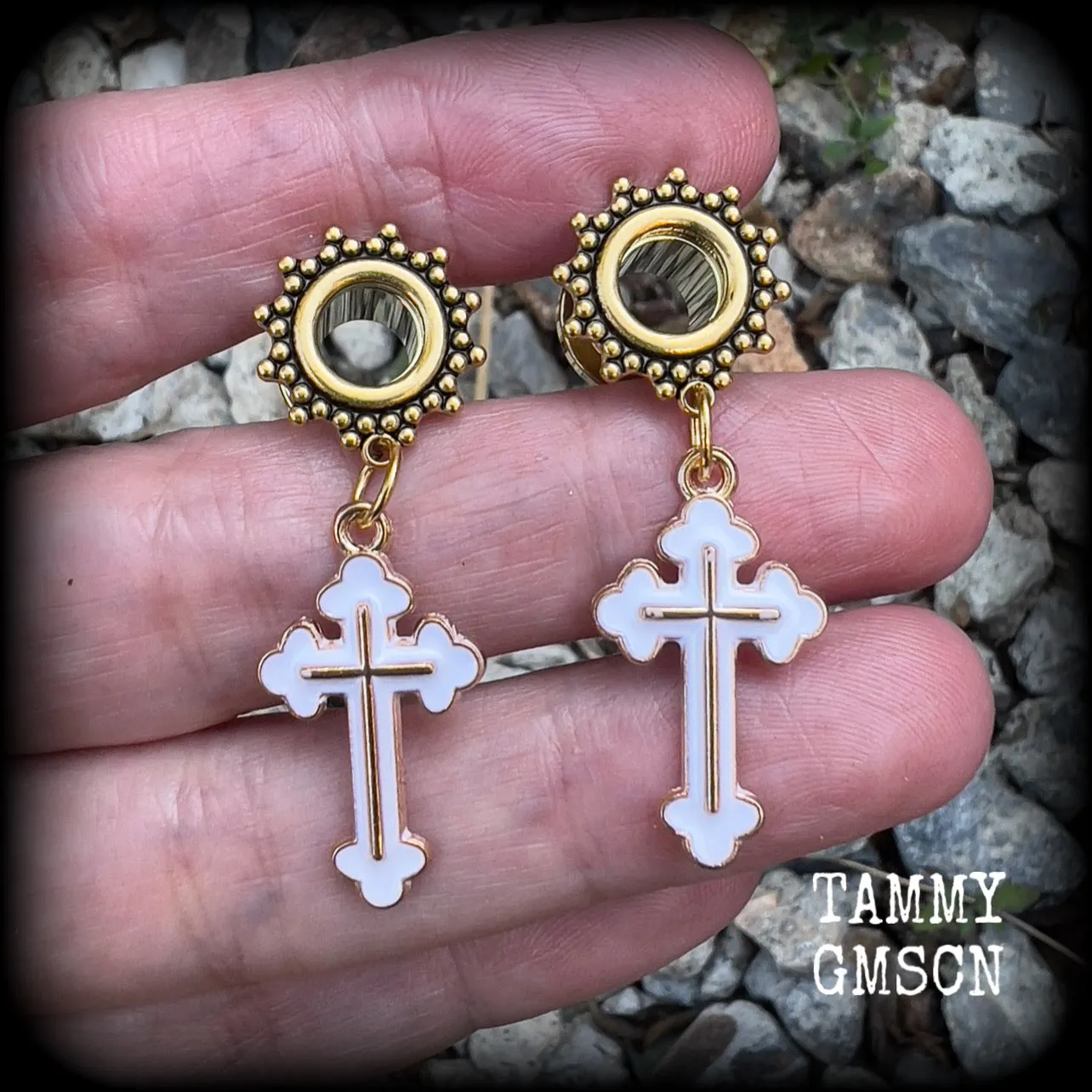 Christian cross tunnel earrings-Boho ear tunnels