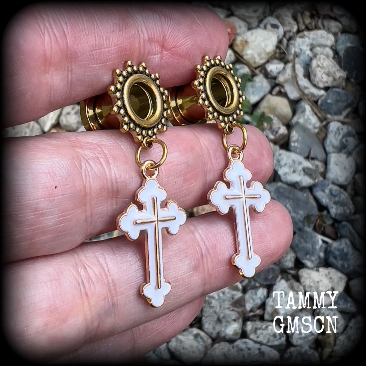 Christian cross tunnel earrings-Boho ear tunnels