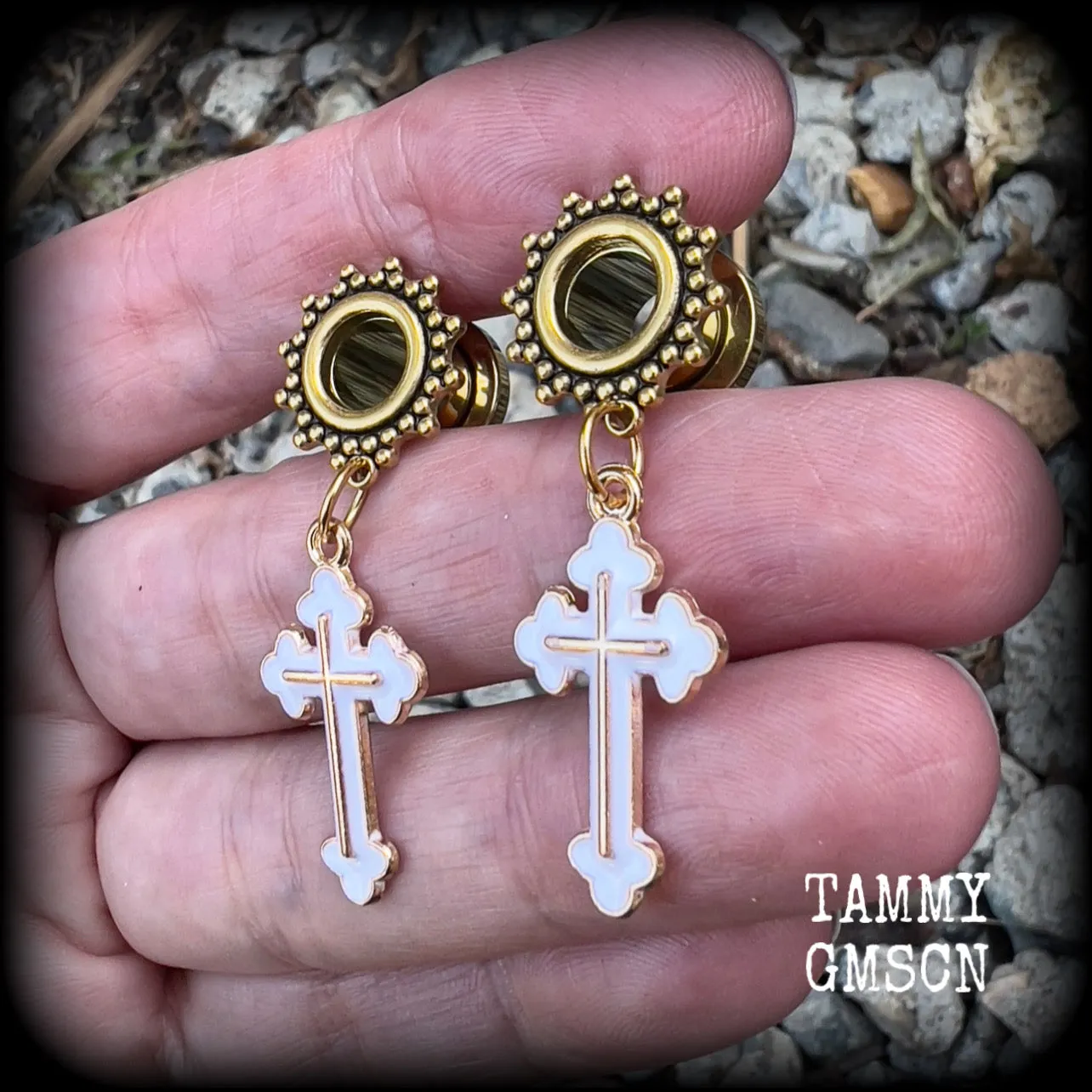 Christian cross tunnel earrings-Boho ear tunnels