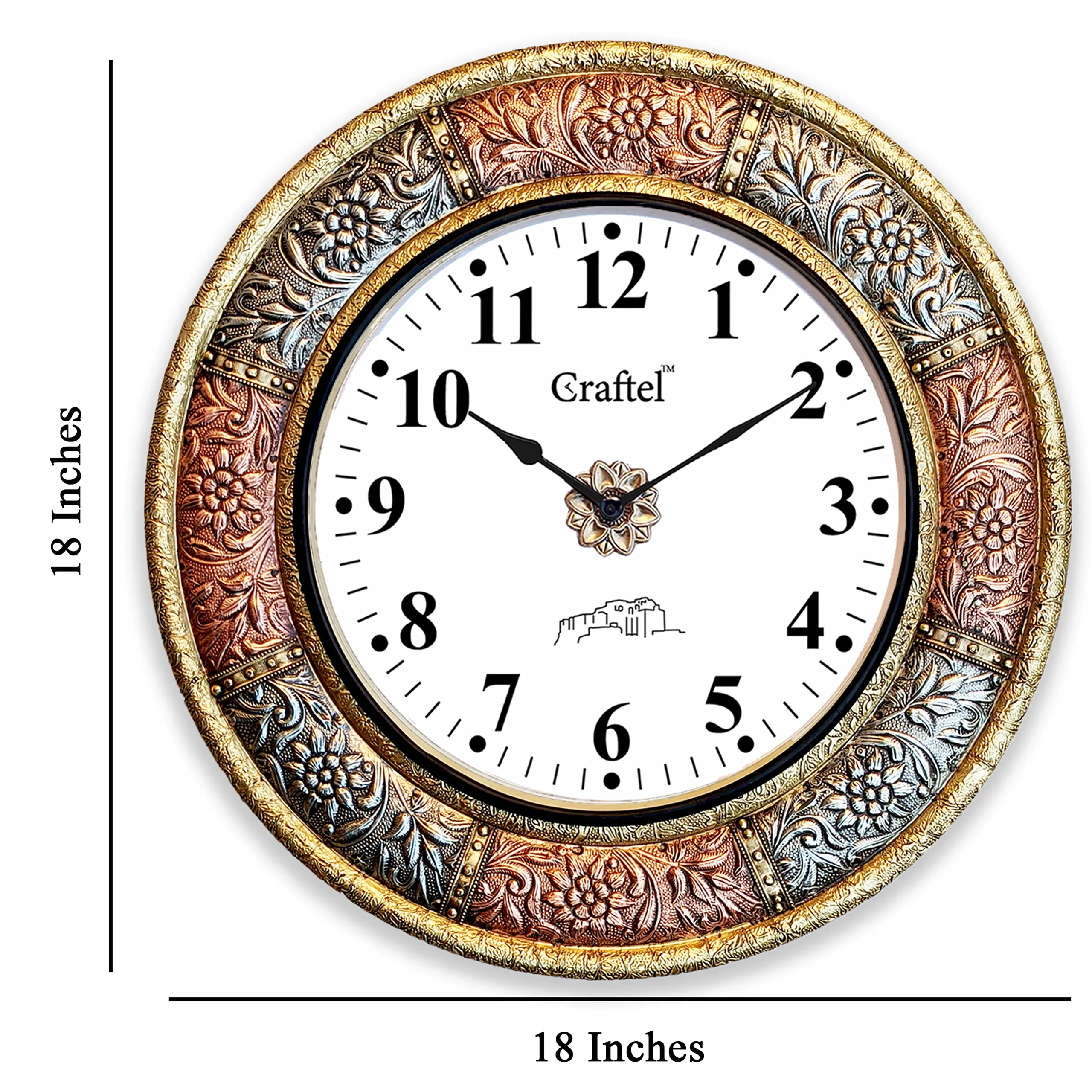 CRAFTEL Brass And Copper Heavy Embossed English Dial Abstract Wall Analog Clock For Bedroom Living Room Home (Gold/Copper 18 X 18 Inch)